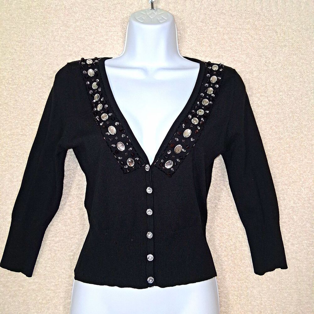 Cool Line Ltd Women Beaded Rhinestone Cardigan Silk Blend Sz M Bling Retro Glam